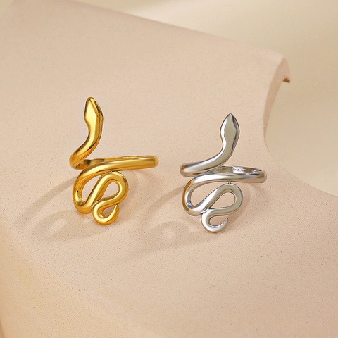Punk Snake Shaped Stainless Steel Open Ring For Men Women Hiphop Animal Zodiac Adjustable Gold Steel Color Finger Ring Jewelry Gift