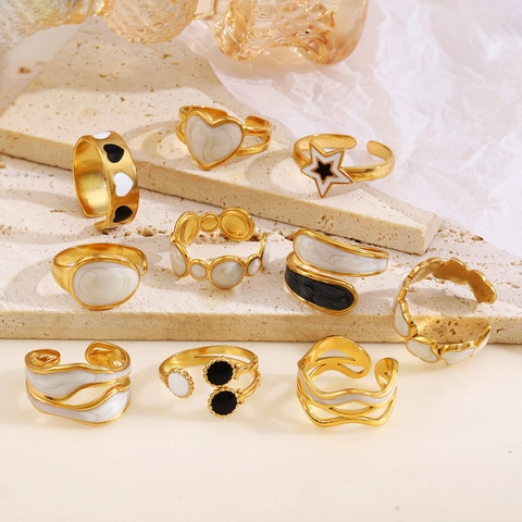 Trendy Stainless Steel Open Ring Gold Plated Enamel Drip Oil Heart Star Geometric Adjustable Fashion Jewelry For Women