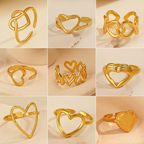 Stainless Steel Heart Open Ring For Women Fashion Gold Silver Tone Adjustable Heart Shaped Hammered Texture Finger Ring Jewelry