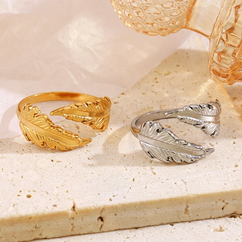 Fashion Stainless Steel Feather Open Ring For Women Adjustable Gold Silver Plated Titanium Steel Bohemian Style Finger Ring Gift