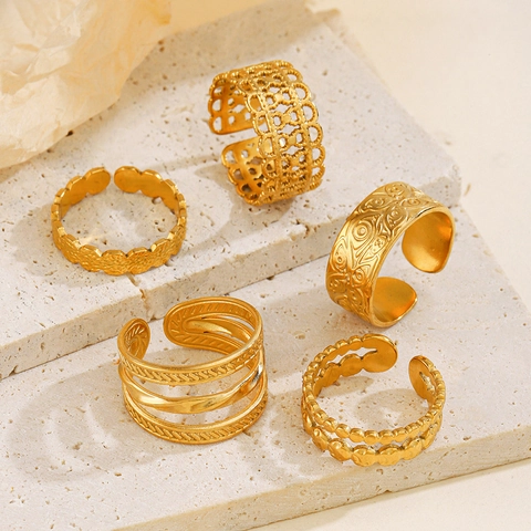 Vintage Stainless Steel Geometric Adjustable Open Rings For Women Gold Silver Plated Evil Eye Textured Finger Ring Jewelry Gift