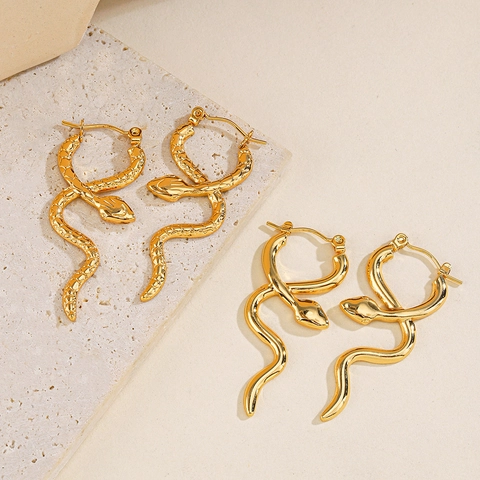 Women Vintage Gold Plated Stainless Steel Snake Hoop Earrings Trendy Animal Shaped Textured Smooth Earrings Jewelry Gift