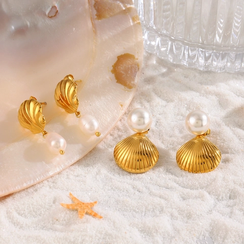 Bohemian Gold Plattiert Edelstahl Muschel Künstliche Perle Ohrringe Für Damen Sommer Strand Urlaub Jakobsmuschel Ohrhänger