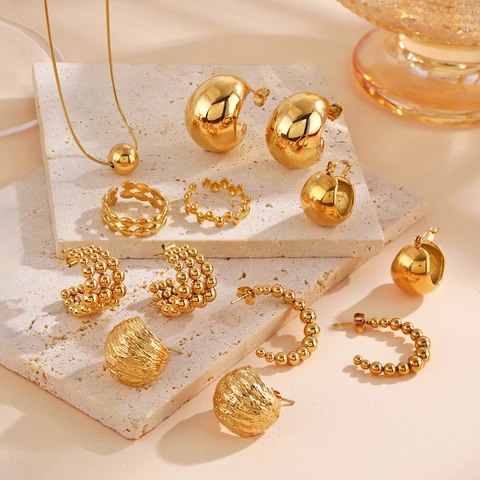 Edelstahl Kugel Perle Creolen Verstellbar Offener Ring Schmuckset Für Damen Westliche Mode Hip Hop Schmuck