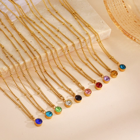 18K Gold Plated Stainless Steel 12 Month Birthstone Necklace For Women Round Rhinestone Pendant Dainty Satellite Chain Fashion Jewelry Gift