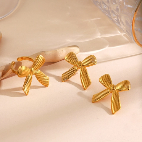 Vintage Textured Bow Jewelry Set For Women Stainless Steel Gold Plated Ribbon Butterfly Stud Earrings And Open Adjustable Ring Accessories
