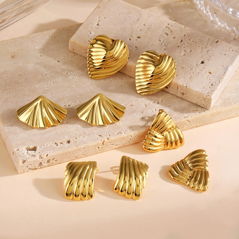 Stainless Steel Geometric Stud Earrings Vintage Gold Plated Heart Butterfly Shell Fan Shape For Women Fashion Jewelry