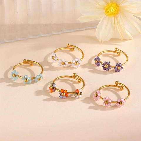 Bague Ouverte Fleur en Acier Inoxydable pour Femme Ajustable Strass Floral Bague de Doigt Bijoux Minimalistes Cadeau pour Dame