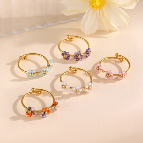 Bague Ouverte Fleur en Acier Inoxydable pour Femme Ajustable Strass Floral Bague de Doigt Bijoux Minimalistes Cadeau pour Dame