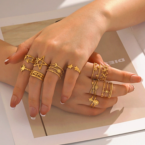 Bohemian Stainless Steel Gold Star Moon Open Adjustable Ring For Women Vintage Celestial Sun Sunburst Finger Jewelry