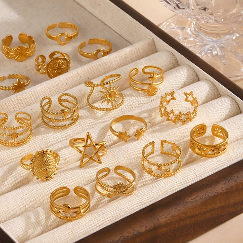Bohemian Stainless Steel Gold Star Moon Open Adjustable Ring For Women Vintage Celestial Sun Sunburst Finger Jewelry