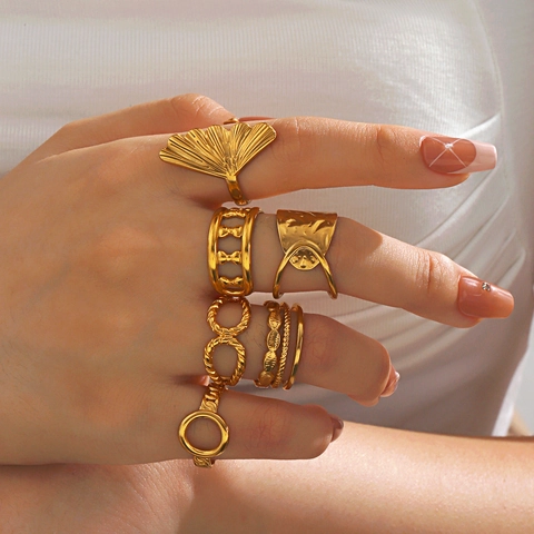 Vintage Geometric Stainless Steel Open Ring For Women Gold Silver Ginkgo Leaf Hollow Hammered Adjustable Fashion Jewelry