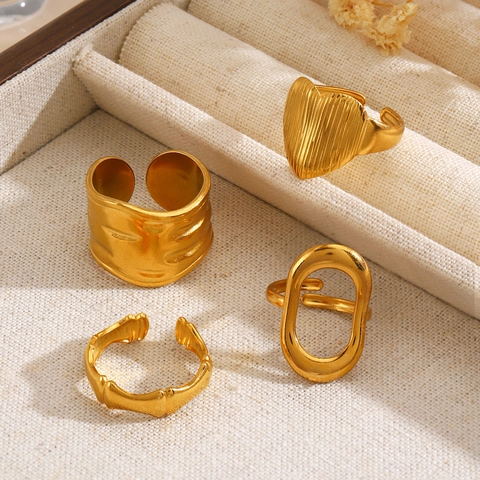 Fashion Stainless Steel Open Ring For Women Geometric Heart Bamboo Pattern Adjustable Gold Silver Chunky Jewelry Ring