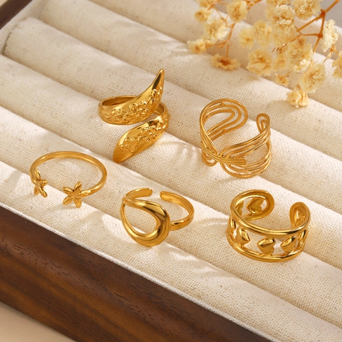 Stainless Steel Open Adjustable Ring For Women Minimalist Floral Heart Geometric Pattern Gold Silver Plated Fashion Jewelry Gift