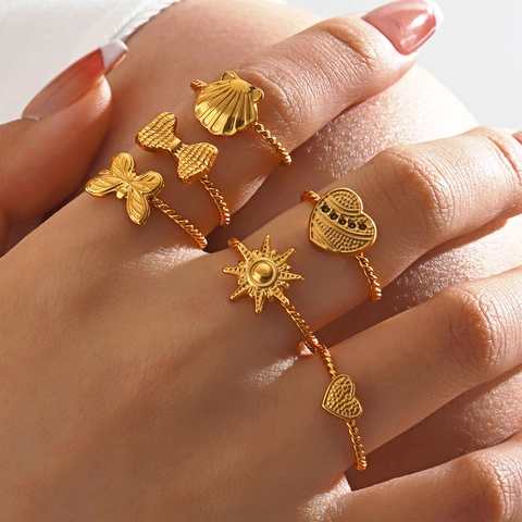 Stainless Steel 18K Gold Plated Open Ring For Women Vintage Heart Butterfly Bowknot Sun Shell Adjustable Fashion Jewelry Ring