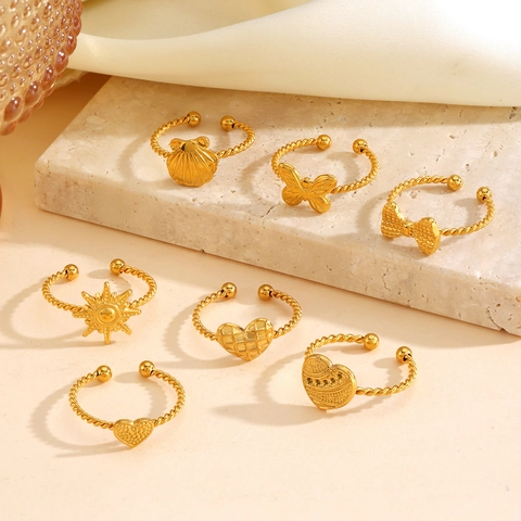 Stainless Steel 18K Gold Plated Open Ring For Women Vintage Heart Butterfly Bowknot Sun Shell Adjustable Fashion Jewelry Ring