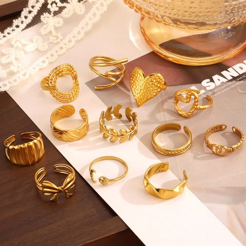 French Vintage Stainless Steel Open Ring For Women 18K Gold Plated Minimalist Geometric Heart Leaf Moon Sun Statement Finger Ring Jewelry