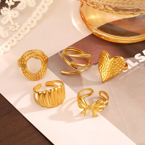 French Vintage Stainless Steel Open Ring For Women 18K Gold Plated Minimalist Geometric Heart Leaf Moon Sun Statement Finger Ring Jewelry