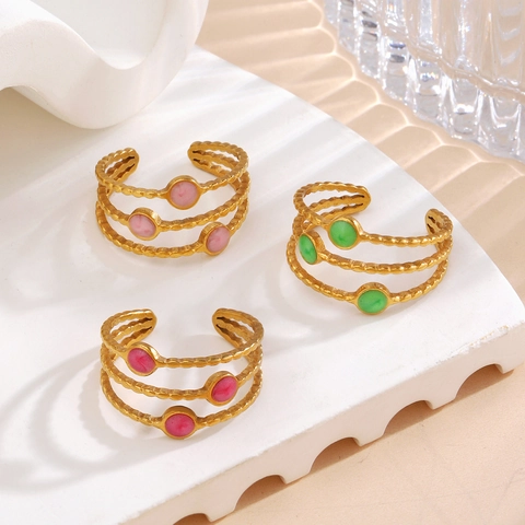 Stainless Steel 3-Layer Adjustable Open Ring Colorful Drip Oil Round Bead Hip Hop Fashion Finger Ring Jewelry For Women
