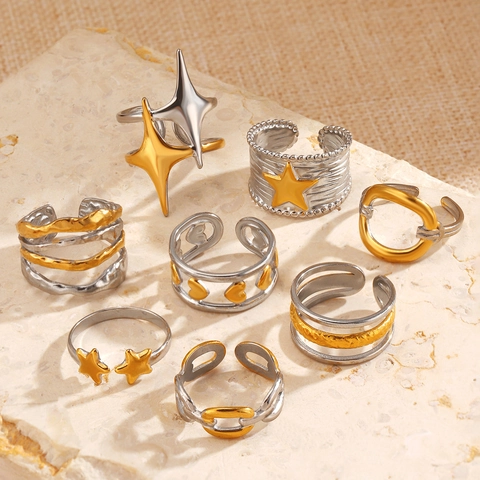 18K Vergoldeter Edelstahl Stern Herz Offene Ringe Für Damen Zweifarbiger Geometrischer Fingerschmuck Lässige Moderinge