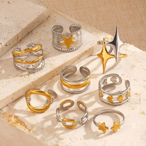 18K Vergoldeter Edelstahl Stern Herz Offene Ringe Für Damen Zweifarbiger Geometrischer Fingerschmuck Lässige Moderinge