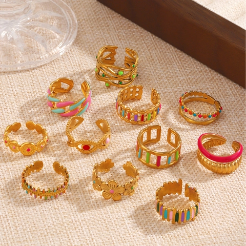 Fashion Stainless Steel Enamel Open Ring For Women Bohemian Geometric Flower Colorful Adjustable Finger Ring Jewelry Accessory