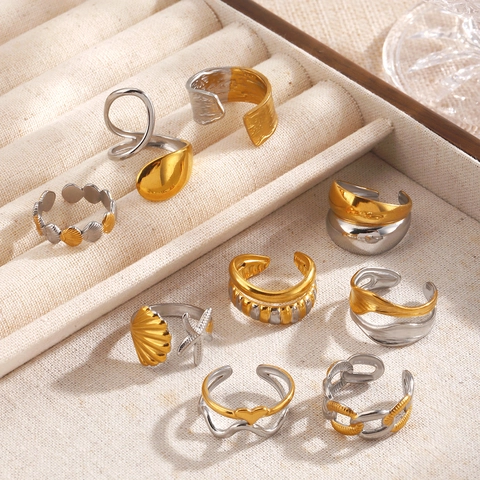 18K Vergoldet Edelstahl Geometrisch Offener Ring Für Damen Mode Muschel Seestern Zweifarbig Verstellbar Fingerring Schmuck
