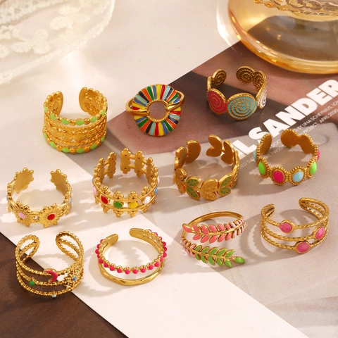 Vintage Stainless Steel Enamel Open Ring For Women Colorful Drip Oil Geometric Leaf Adjustable Bohemian Fashion Jewelry Finger Ring