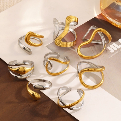 Edelstahl Zweifarbig Gold Silber Offene Ringe Für Damen Minimalist Geometrisch Welle Verstellbar Mode Ring Schmuck Zubehör