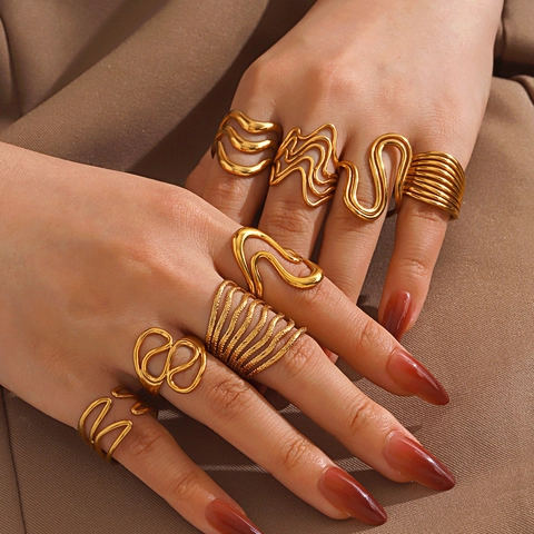 Fashion Stainless Steel 18K Gold Plated Wave Geometric Open Ring For Women Minimalist Irregular Line Hip Hop Jewelry Gift