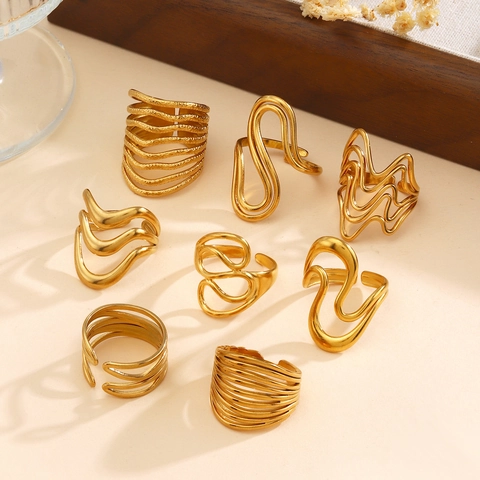 Fashion Stainless Steel 18K Gold Plated Wave Geometric Open Ring For Women Minimalist Irregular Line Hip Hop Jewelry Gift