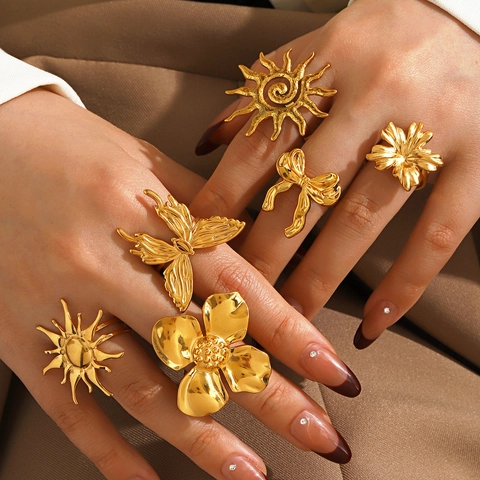 Mode Klobig Blume Schmetterling Sonne Schleife Edelstahl Offener Ring Für Damen Böhmisch Hip Hop Gold Finger Schmuck Geschenk