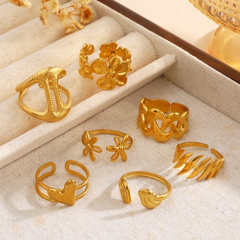 Western Fashion Stainless Steel Open Ring Adjustable Flower Heart Geometric Hip Hop Minimalist Ring Jewelry For Women