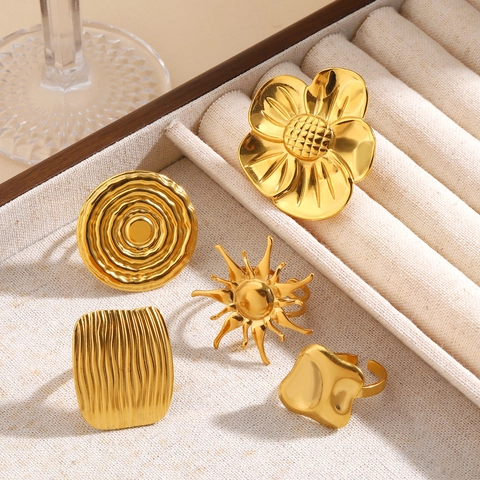 Übergroßer Edelstahl Offener Ring Für Damen 18K Vergoldet Geometrische Blume Sonne Welle Strukturierter Statement Verstellbarer Fingerring Schmuck