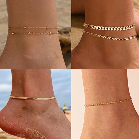 Minimalistisches Fußkettchen Aus Vergoldetem Edelstahl Damen INS Stil Schlangen Cuban Perlenkette Verstellbar Strand Schmuck