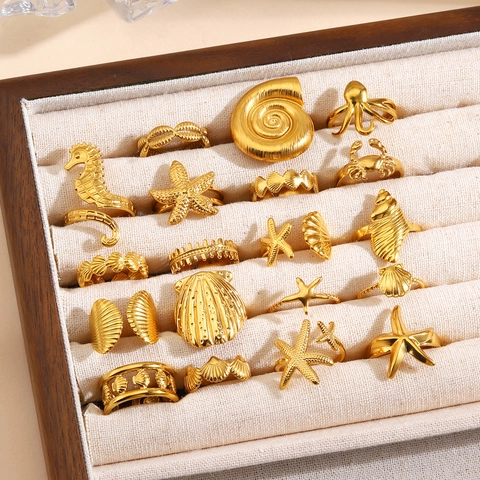 Meereslebewesen Edelstahl Offene Ringe Für Damen Gold Seestern Muschel Oktopus Strand Urlaubsstil Verstellbarer Modeschmuck