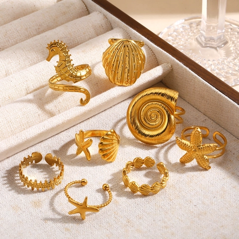 Meereslebewesen Edelstahl Offene Ringe Für Damen Gold Seestern Muschel Oktopus Strand Urlaubsstil Verstellbarer Modeschmuck