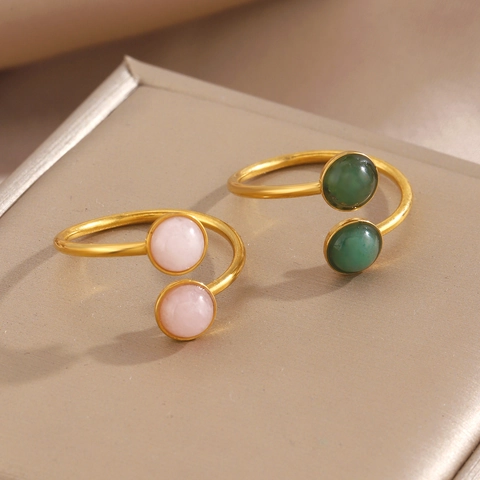 18K Gold Plated Stainless Steel Open Ring For Women Geometric Round Pink Green Natural Stone Adjustable Fashion Jewelry Ring