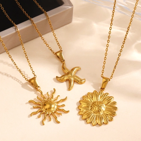 Gold Edelstahl Sonne Seestern Sonnenblume Anhänger Halskette Für Damen Retro Marine Stil Sonnenblumen Mode Schmuck