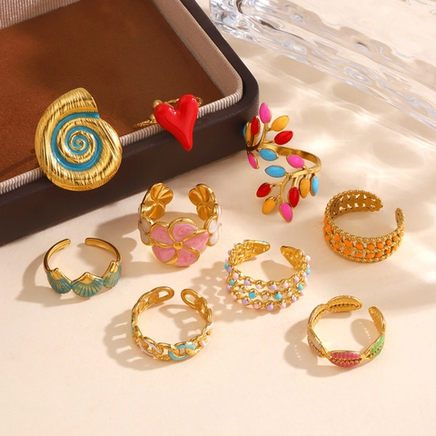 Vintage Edelstahl 18K Vergoldet Emaille Ring Bohemian Blume Blatt Herz Geometrisch Verstellbar Offener Ring Schmuck Für Damen
