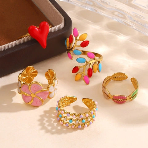 Vintage Edelstahl 18K Vergoldet Emaille Ring Bohemian Blume Blatt Herz Geometrisch Verstellbar Offener Ring Schmuck Für Damen