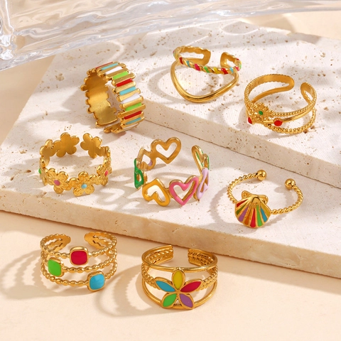 Vintage 18K Vergoldet Edelstahl Bunte Emaille Offene Ringe Für Damen Herz Blume Geometrisch Verstellbare Fingerringe