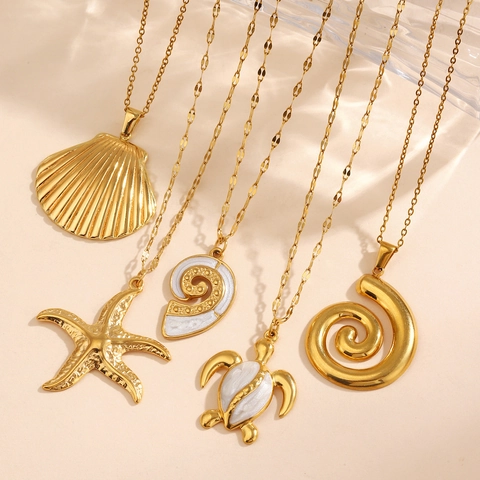 18K Vergoldete Edelstahl Seestern Muschel Meeresschildkröte Anhänger Halskette Böhmischer Strand Ozean Schmuck Für Damen