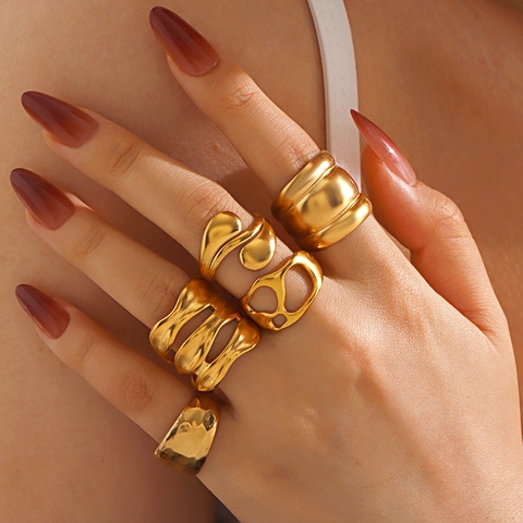 Edelstahl Geometrischer Ring Für Damen 18K Vergoldet Mehrschichtig Hohl Abstrakt Textur Offener Fingerring Schmuck