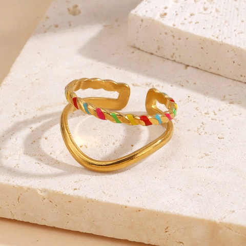 Vintage 18K Vergoldet Edelstahl Bunte Emaille Offene Ringe Für Damen Herz Blume Geometrisch Verstellbare Fingerringe