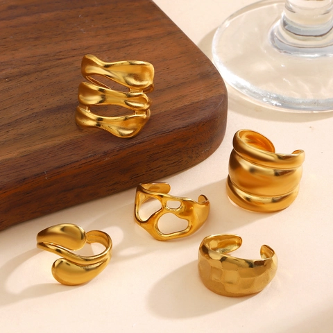 Edelstahl Geometrischer Ring Für Damen 18K Vergoldet Mehrschichtig Hohl Abstrakt Textur Offener Fingerring Schmuck