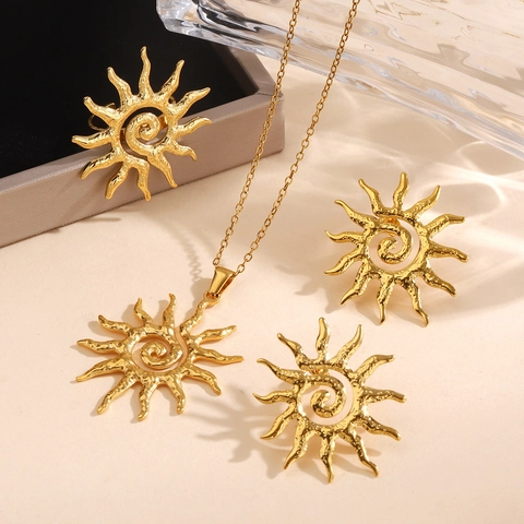 Vintage Edelstahl Gehämmert Sonne Spirale Anhänger Halskette Ohrringe Ring Schmuckset Luxus 18K Vergoldet Damen Zubehör