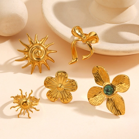 Edelstahl Sonne Blume Schleife Offene Ringe Für Damen Vintage Ästhetik Vergoldet Geometrisch Floral Fingerring Mode Schmuck Geschenk