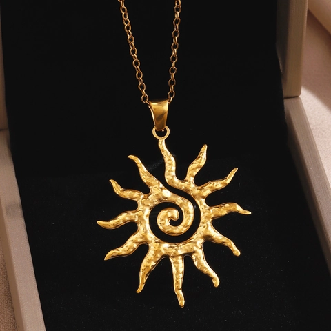 Vintage Edelstahl Gehämmert Sonne Spirale Anhänger Halskette Ohrringe Ring Schmuckset Luxus 18K Vergoldet Damen Zubehör