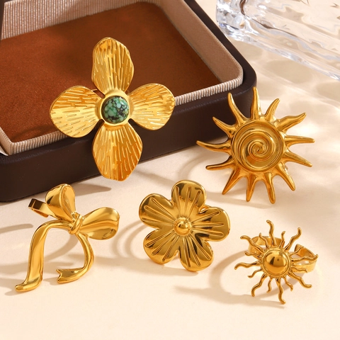Edelstahl Sonne Blume Schleife Offene Ringe Für Damen Vintage Ästhetik Vergoldet Geometrisch Floral Fingerring Mode Schmuck Geschenk